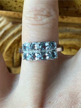 Natural Aquamarine White Diamond Sterling Silver Ring Size 7.75